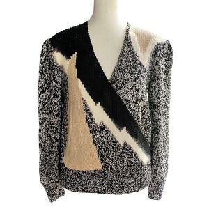 Vtg Nannell Cache Women's Wrap Sweater 80s Black White Cream Size L Retro Knit